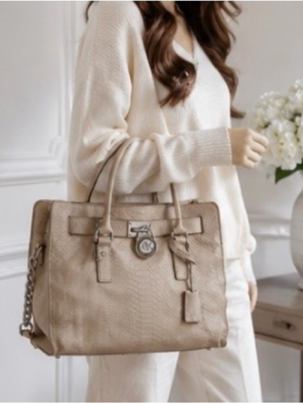 Michael Kors Hamilton Python Embossed Leather Tote Satchel Cream Large